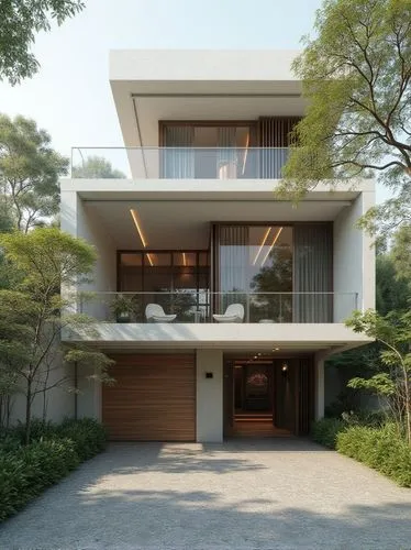 townhouse has modern minimalist style, 3 floor, natural light, architectural award, Zen in architecture.,a two story white house with a brown car parked on the driveway,modern house,dunes house,modern
