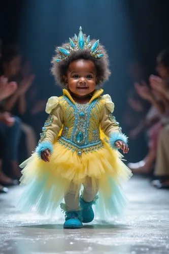A happy newborn black baby with chubby cheeks and big eyes walks down the catwalk at a full-length fashion show, dressed in a very interesting yellow and blue ice queen costume. Child in full growth. 