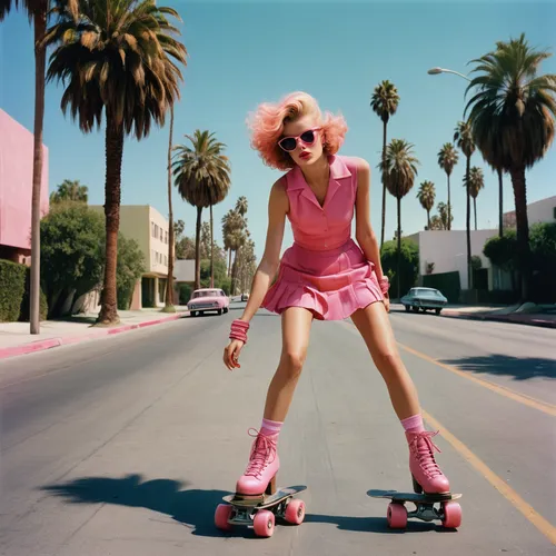 Fashion photography, Richard Avedon style, Vogue photoshoot, vintage photoshoot, a model on rollerskates in LA streets, palm trees, 1980s style, pink aesthetic ,roller skate,roller skates,roller skati