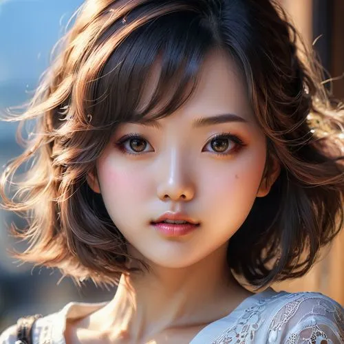 korean beautiful anime girl ,a asian girl with short hair wearing a white top,japanese woman,mongolian girl,japanese doll,oriental girl,suzong,asian woman,asian girl,asiaticas,doll's facial features,x