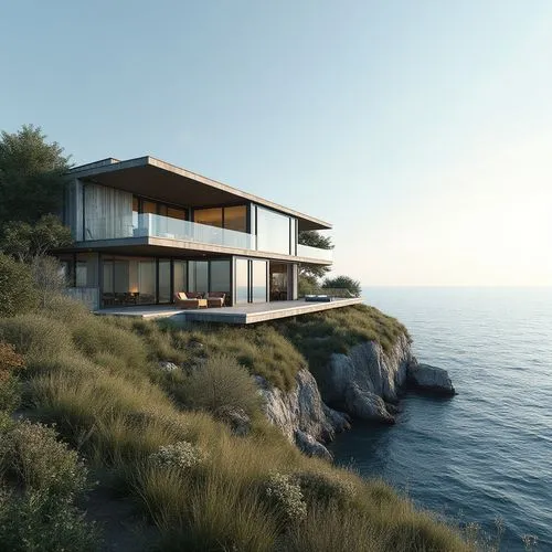 on the sea,a beach house on the edge of a cliff,dunes house,house by the water,snohetta,renders,beach house,clifftop