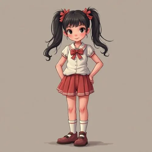 anime drawing of a girl with long hair wearing a red skirt and bowtie,reimposing,school clothes,worried girl,school skirt,hair ribbon,red bow,a uniform,pigtails,pigtailed,kayo,cute clothes,cute cartoo
