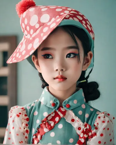 A girl with polka dots on her nose, and her hat on her head, in the style of surreal creatures, light red and cyan, dolly kei, playfully dark, poodlepunk, playful coloration, ,japanese doll,hanbok,pai
