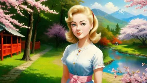 Romantic masterpiece oil painting, cute girl portrait, nostalgic 1950's style kitsch, beautiful exotic rural vast Japanese landscape, cherry blossom meadows scenery, Shinto Japanese sakura, flower pet