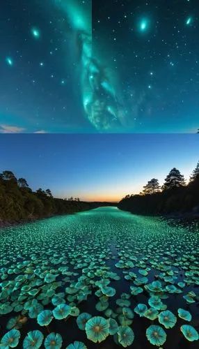 stereogram, Magic eye image, 3D,some green plants on some rocks and water,cosmos field,auroras,planet alien sky,fairy galaxy,phytoplankton,auroral,alien world,starry night,milky way,green aurora,starr