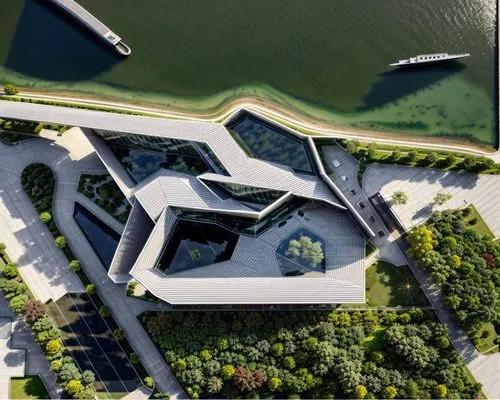 top view, by the lake,autostadt wolfsburg,futuristic art museum,suzhou,chinese architecture,soumaya museum,shenzhen vocational college,futuristic architecture,artificial island,asian architecture,japa