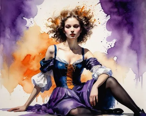 Extremely amazing ornamental watercolour painting of one fashion model at the magical realm on cute body and cross-legged. Scene is low-angle and panoramic with meeting burgeoning desire age. black ey