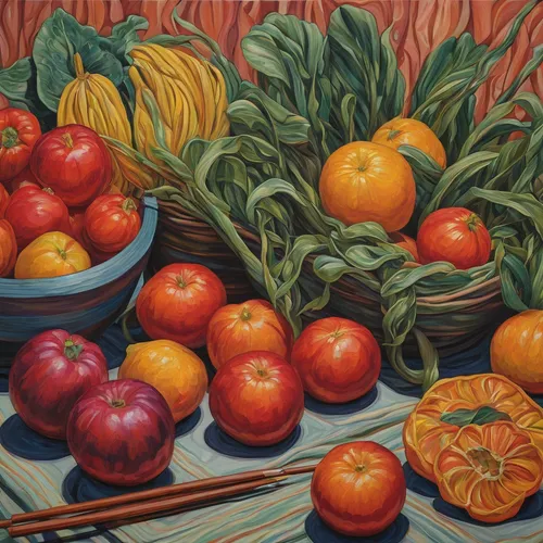 Produce paintings with AI-generated brushstrokes,fruit bowl,still life with onions,tomatos,vegetables landscape,summer still-life,tomatoes,basket with apples,red apples,fruit basket,basket of fruit,bo