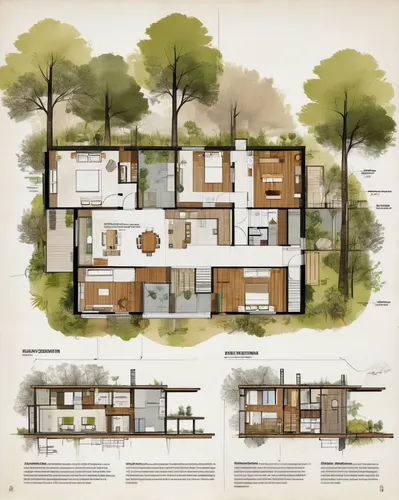 (interior design plan:1.3) of a modern house community, inspired byi, modernism, build in a forest near of a lake, wooden, andrei riabovitchev symmetrical, glass windows, integrated in the mountains,f