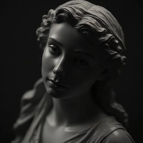 hyperrealistic  a close - up image of an statue beautiful, kind, charming, sociable, atmospheric photos, exotic,  8k, Hyper detailed
,black and white pograph of a woman with a head up,houdon,melpomene