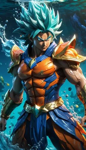 **32k photo-realistic, high-definition, HQ resolution, full-frame shot of a stunning, super-designed abstract character in action, A fusion of Goku (Super), Aquaman (DC), and Killua (Hunter x Hunter),