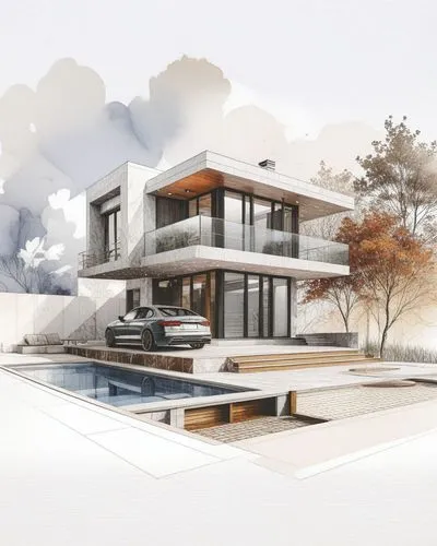 a picture of a house in an illustration,modern house,modern architecture,prefab,house drawing,render,mid century house