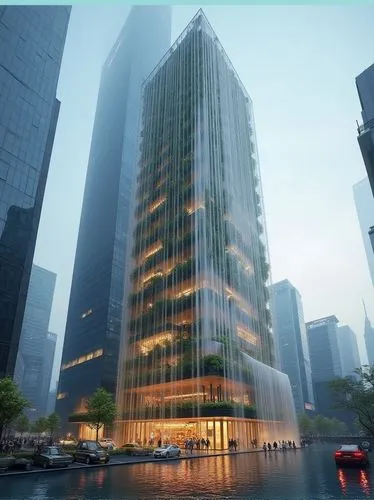 A sleek commercial skyscraper with vertical waterfalls integrated into its façade, creating a dynamic, flowing effect. The waterfalls not only provide a cooling effect for the building but also serve 