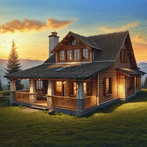 chalet-style country house, evening cold light from the sky, warm light in the windows,a house sitting on a lush green hillside under a cloudy sky,wooden house,log home,summer cottage,log cabin,the ca