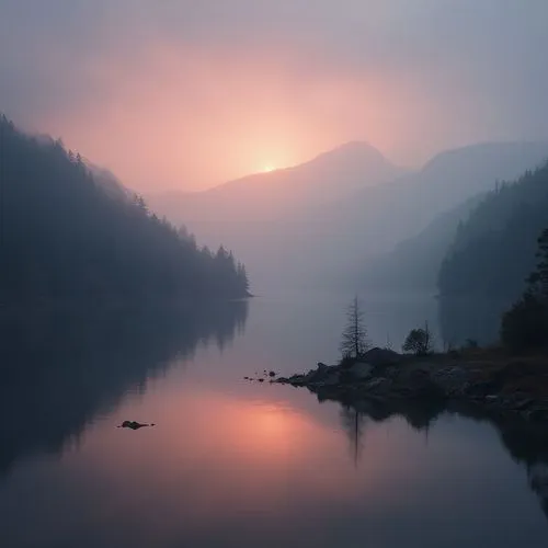The sun sets over a lake. Frozan mountain half hidden in fog in the background.,fog fills the mountains above a lake in the woods,first light,trillium lake,evening lake,calmness,landscape photography,