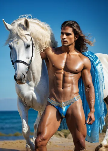 colorful fashion exotic Latino muscular adonis men , great queen crone younger student long hair, wearing silver acrylic gloss yellow leather acrylic gloss, wearing crystal crone, 
riding a white rein