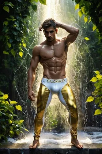 the man in the underwear stands in front of the waterfall,loincloth,golden shower,male character,male model,fantasy picture,satyr