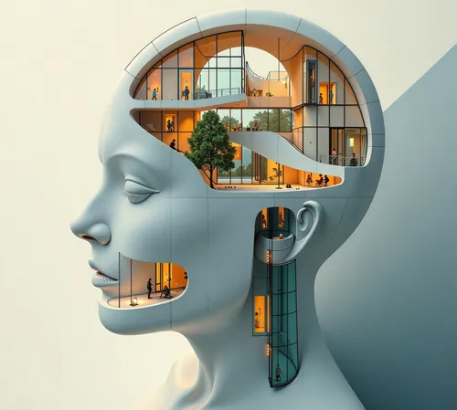 a building is surrounded by white shapes, with lights inside of the building,computational thinking,cognitive psychology,thinking man,train of thought,human head,perceiving,brainstorms,cognition,woman