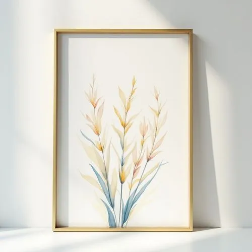 delicate elegant painting on white wall,pastel colors and gold and yellow and blue, simple slim gold frame, frontview, vertical,lineart,abstract branches
,a picture frame with some watercolor painting