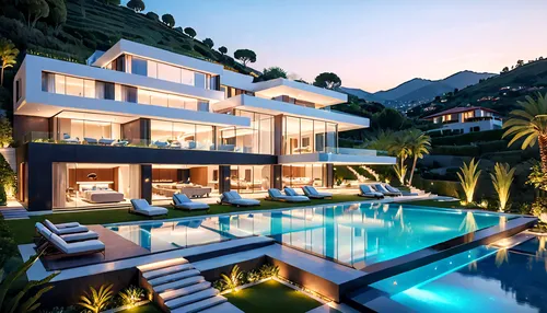 A stunning modern mansion, with clean lines and minimalist design that emphasizes the beauty of the surrounding landscape, featuring luxurious amenities that evoke luxury living and sophistication. Ar