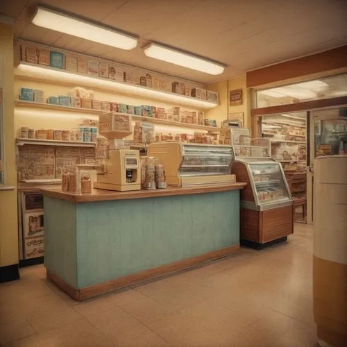 a convenience store coffee station from the 1970s

,pharmacy,cosmetics counter,soap shop,retro diner,ice cream shop,convenience store,soda shop,kitchen shop,soda fountain,general store,vintage kitchen