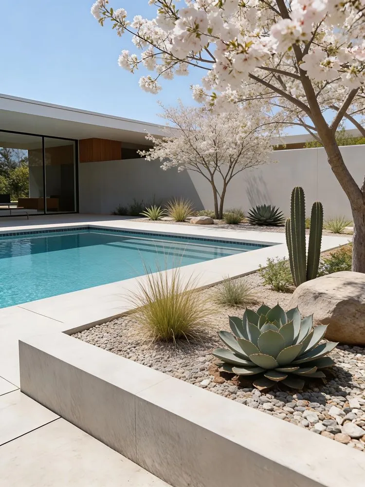 a pool in front of a house with flowers and cacti