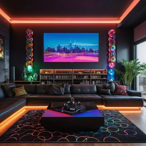 Modern game room, luxurious interior, dimmed warm lighting, wooden floor, black leather sofa, minimalist coffee table, giant screen TV, PlayStation console, shelves filled with game discs, futuristic 