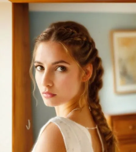 An illustration of a beautiful caucasian young woman with long brown hair and a braid, 21 years old, dressed in a white minidress with neckline, standing on her back with her head tilted backward, gaz