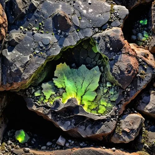 roccia spaccata , lavorata e levigata di colore nero, con all'interno minerali fluorescenti,a plant growing in the s in a rock,liverwort,intertidal,colored rock,solidified lava,volcanic rock,water lil