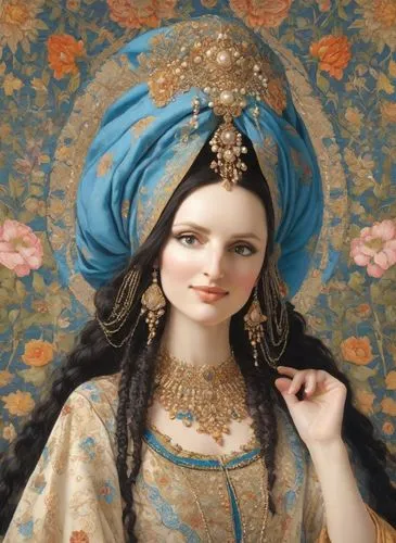 A fascinating medieval painting in the style of James K. Christensen, depicting a noble girl of Persian type, with a giant Ottoman head turban the size of the entire width of the canvas, a turban made