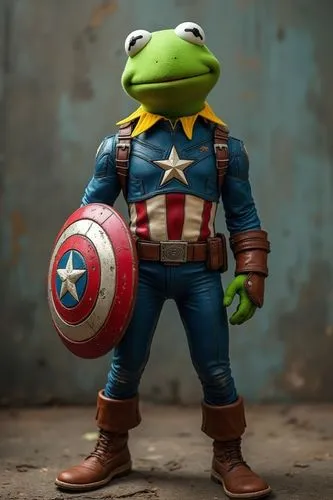Kermit the frog in captain america outfit, 16k,the muppet is holding an old captain america shield,avenger hulk hero,capitanamerica,frog background,frog man,captain american,man frog,frog figure,cowab