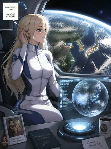 Manga Style:

An   elf with a Slavic  appearance, featuring pointed ears, blonde  hair, sky-blue eyes, and an athletic, feminine figure.

She wears a futuristic white and blue jumpsuit. Seated in a fu