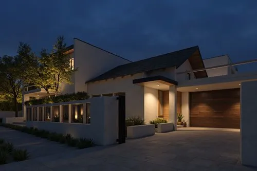 A photo-realistic rendering of a modern, minimalist house with a minimalist design, featuring a concrete exterior and a dark wooden garage door. the house is situated on a hillside, with a dark blue s