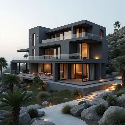 A hyper-realistic, high-resolution architectural photograph of a multi-level, contemporary luxury residence featuring a sleek, geometric design. The exterior is composed of smooth, matte charcoal-gray