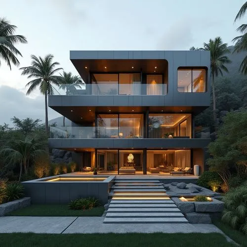 A hyper-realistic, high-resolution architectural photograph of a multi-level, contemporary luxury residence featuring a sleek, geometric design. The exterior is composed of smooth, matte charcoal-gray