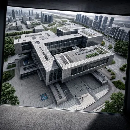 hyperrealistic futuristic Highly technological museum, contemporary style, located in an urban area of the future,shenzhen vocational college,wuhan''s virus,3d rendering,hongdan center,office building