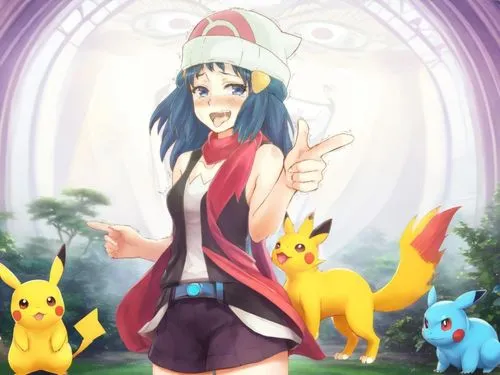 she is a pokemon trainer,a girl points to the sky surrounded by pokemon,sinnoh,skuld,hoenn,johto,raikou,oras