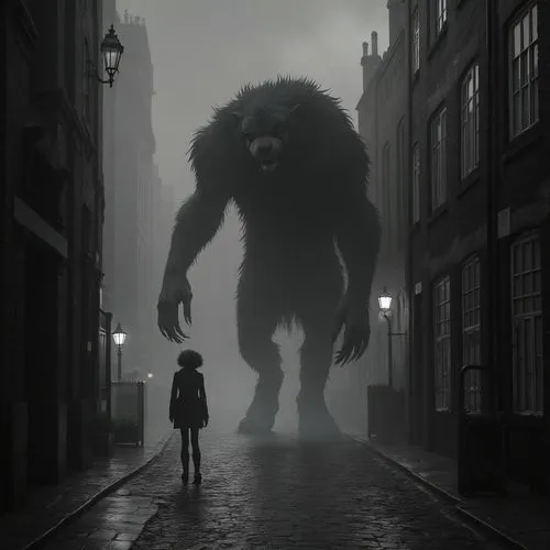 Here is the image with the giant werewolf in the background, as you requested. It has a gothic and mysterious atmosphere, set on a foggy London street at night.colors black and white,a boy is standing
