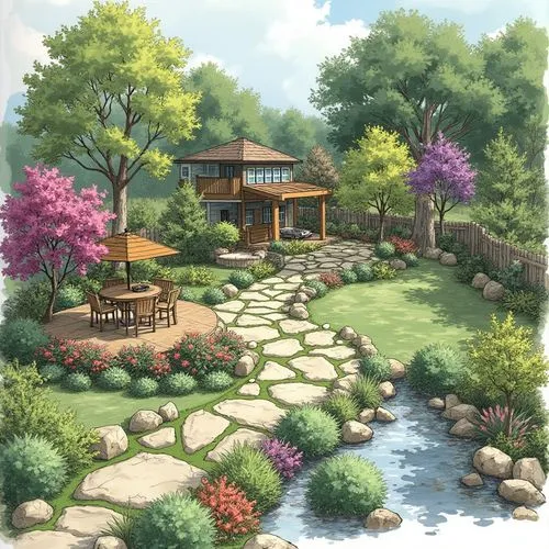 a collage of various residential landscape plans. there should be at least three examples in the collage. ar-- 4:3


,an image of a house with a yard that has some flowers on the side,japanese garden,