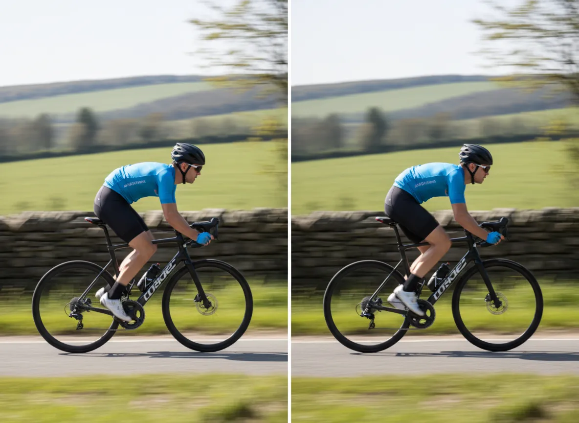 Ein direkter Vergleich, der ein statisches Bild eines Radfahrers und dasselbe Bild, verbessert mit einem PromeAI Mitzieheffekt, zeigt.