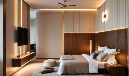 interior room render, tv unit and bed back is in louvers, use light colors, add realistic  materials according to the reference, add lighting
,the bed and dresser are neatly placed together in the roo
