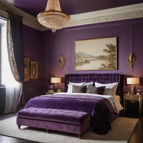 
an elegantly decorated purple bedroom, in the style of grisaille, monochromatic palettes, brian oldham, renaissance chiaroscuro, yiannis moralis, intricate detailing, ornate detailing,chambre,rich pu