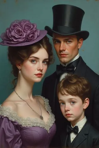 Victorian family portrait, woman purple rose hat, man top hat, boy in lace, detailed formal wear, painterly teal background, realistic, serious faces.,a man wearing a top hat with two children,stepmot