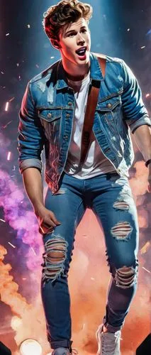 Shawn Mendes, singer, songwriter, musician, solo, (22yo), messy hair, strong facial features, casual wear, denim jacket, white shirt, ripped jeans, sneakers, guitar, holding microphone, stage, spotlig