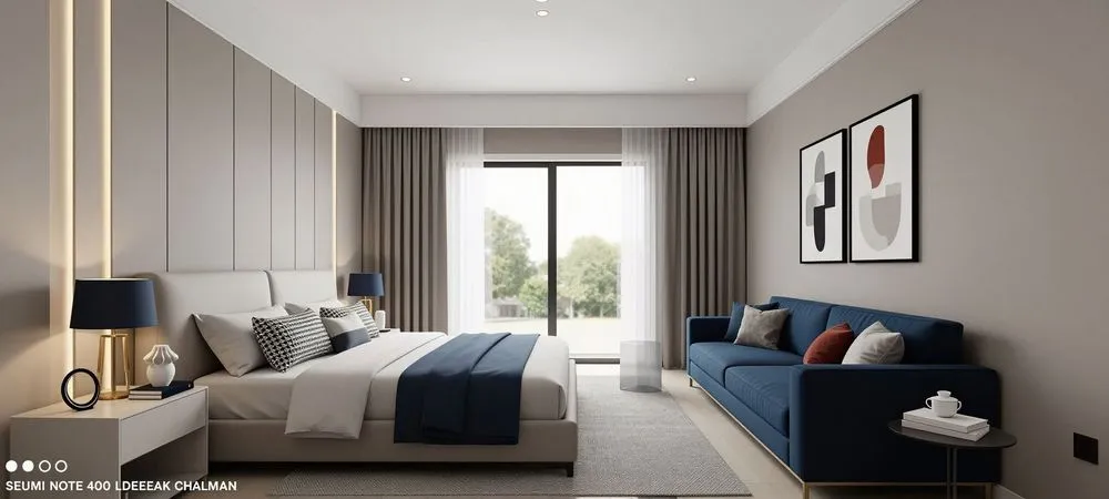 a modern bedroom with gray walls and blue furniture