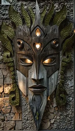 an artistically carved wooden mask has eyes,tribal masks,totem,wooden mask,tribal,shaman,head plate,ancient icon,guardian,sun god,golden mask,gold mask,warden,pagan,the eyes of god,avatar,venetian mas