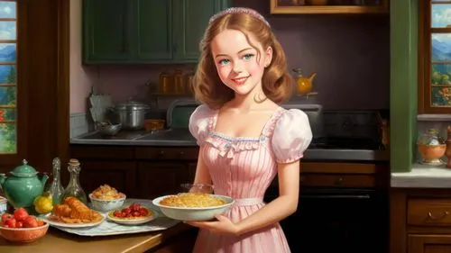 Romantic masterpiece oil painting, cute girl portrait, nostalgic 1950's style kitsch, traditional housewife, tradwife in the kitchen, by Thomas Kinkade, by Bob Ross, high res,girl in the kitchen,girl 