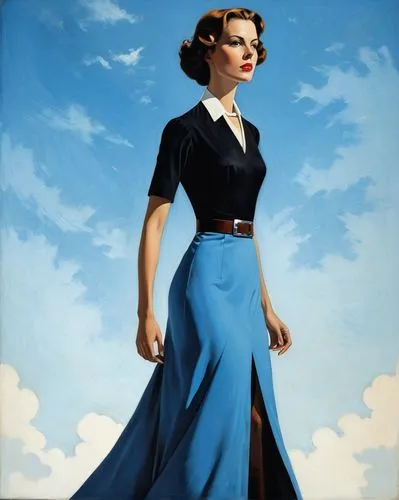 An enigmatic digital illustration: A woman with a vibrant blue dress, adorned in a black belt, and a white collar stands tall. Her gaze, directed sideways, adds mystery; her brown hair adds a splash o