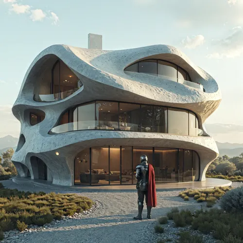 a man standing in front of a building,futuristic architecture,dunes house,futuristic art museum,cubic house,modern architecture,cube house,render,renders,house of the sea,modern house,crooked house,fr