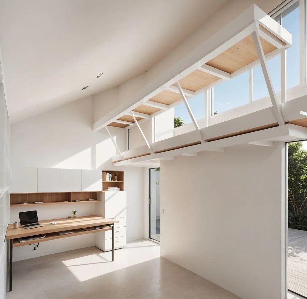 a white room with a desk and a desk on the top floor